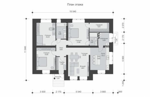 Одноэтажный дом со вторым светом, 3 спальнями и отделкой облицовочным кирпичом